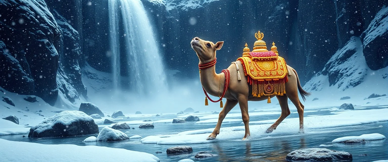 valley of the super happy guru explorer in deep trouble by the water fall, glitter disco glam luxury camel pig in snow storm