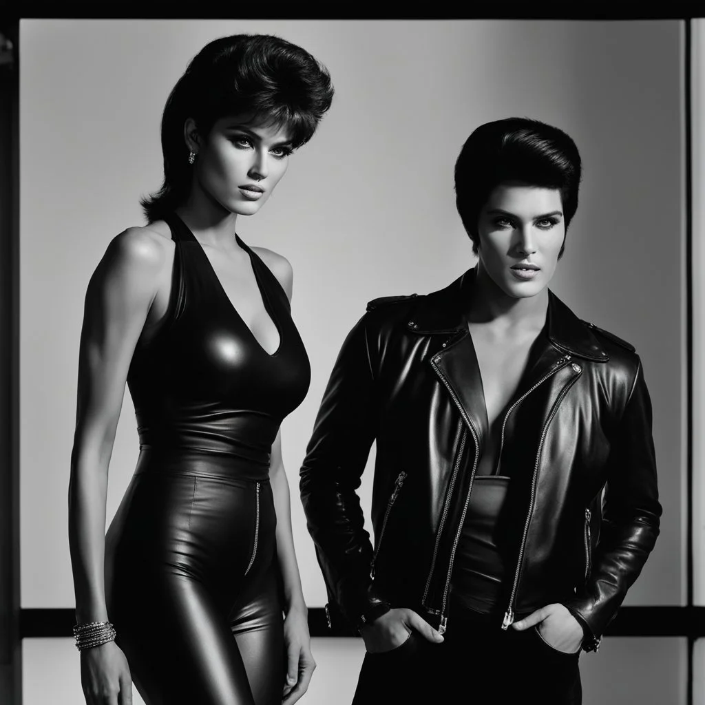 An extremely muscular young man who resembles Elvis Presley with pixie-cut black hair, wearing a black leather jacket and pants, standing next to a beautiful woman with auburn hair who resembles Raquel Welch, wearing a black two-piece bathing suit with a perfect shaped, stacked body, and a perfect face, 4k, 8k, 32k UHD, Hyper realistic, extremely colorful, vibrant, photorealistic, realistic, sharp, highly detailed, professional quality, beautiful, awesome, majestic,