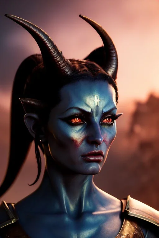 Female Tiefling warrior, demon horns, demon tail, ominous, facepaint, dnd character portrait, waist up portrait, intricate, oil on canvas, masterpiece, expert, insanely detailed, 4k resolution, retroanime style, cute big circular reflective eyes, cinematic smooth, intricate detail , soft smooth lighting, soft pastel colors, painted Renaissance style