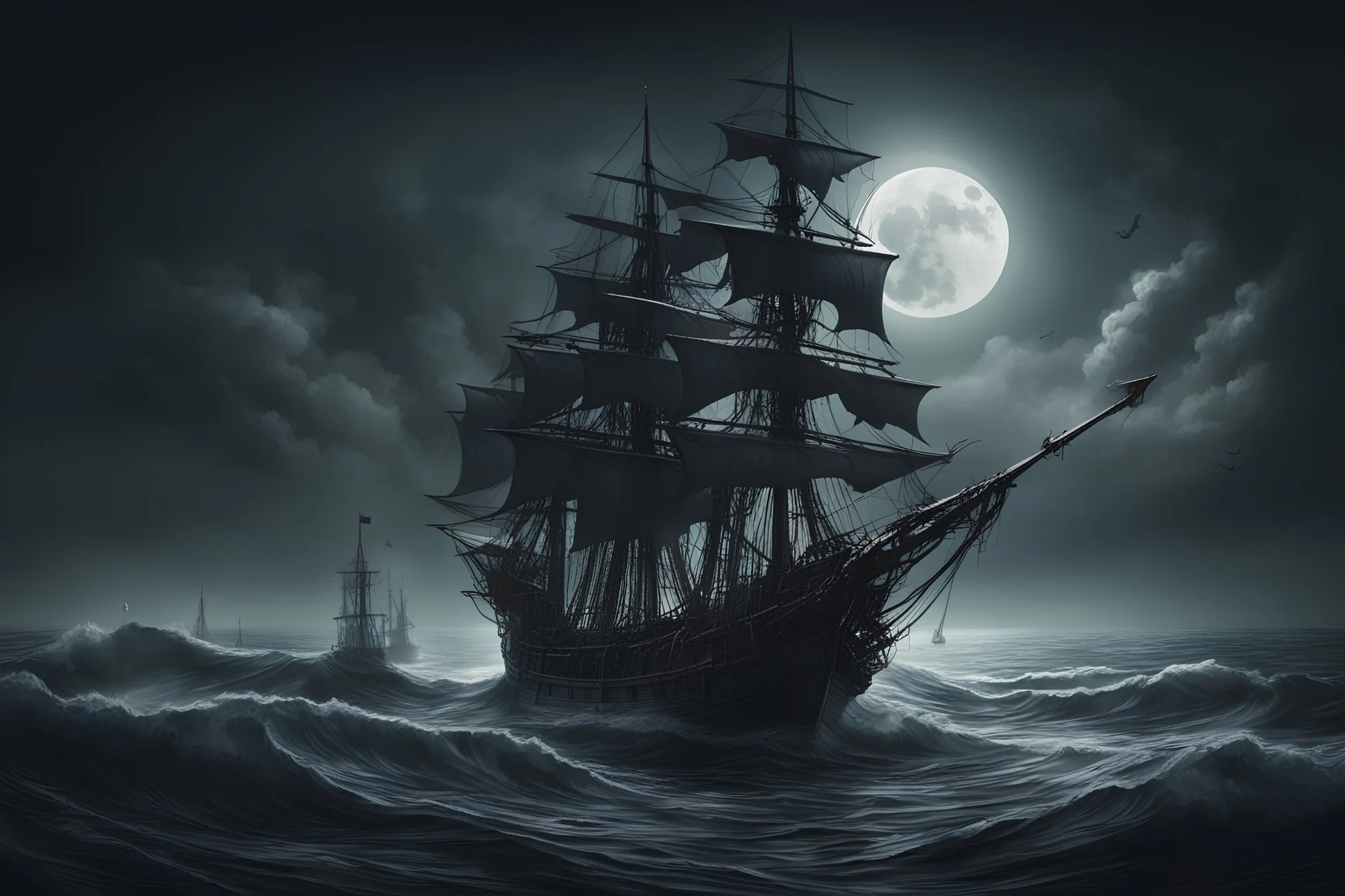 Open still sea with gentle waves, tiny moon and a big pirate cursed ghost-ship with high masts, taut rigging approaching. Dark and evil atmosphere. Ultra realistic