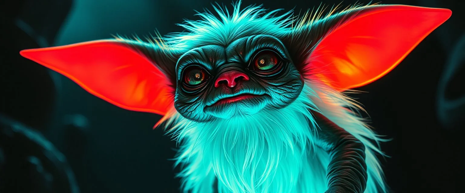 pen outline with some neon airbrush, glowing quickling gollum gremlin in the shadows with long fluffy white fur, pin hole camera