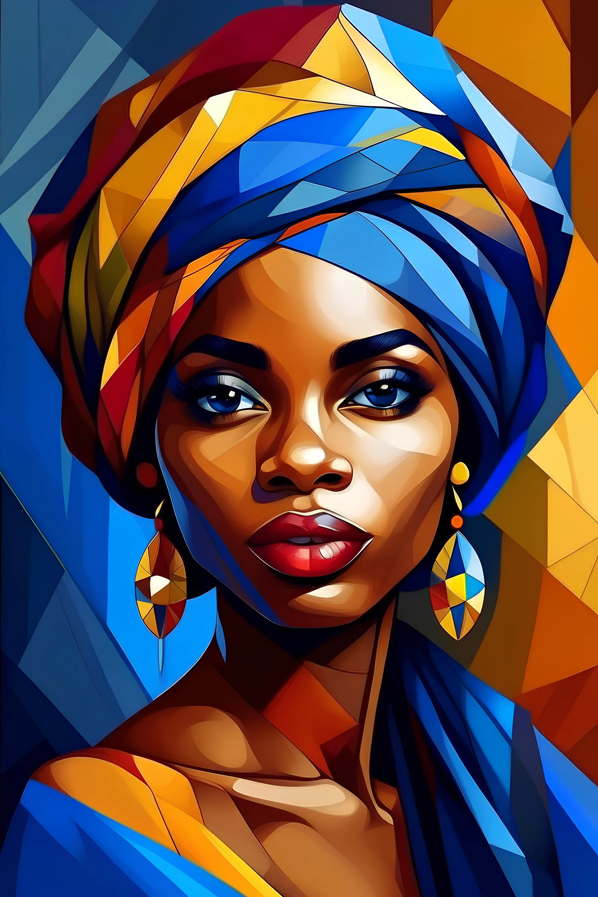 a beautiful black woman with golden-ash hair, blue eye, maroon lips, in saree designed in style of cubism, realistic, bright background