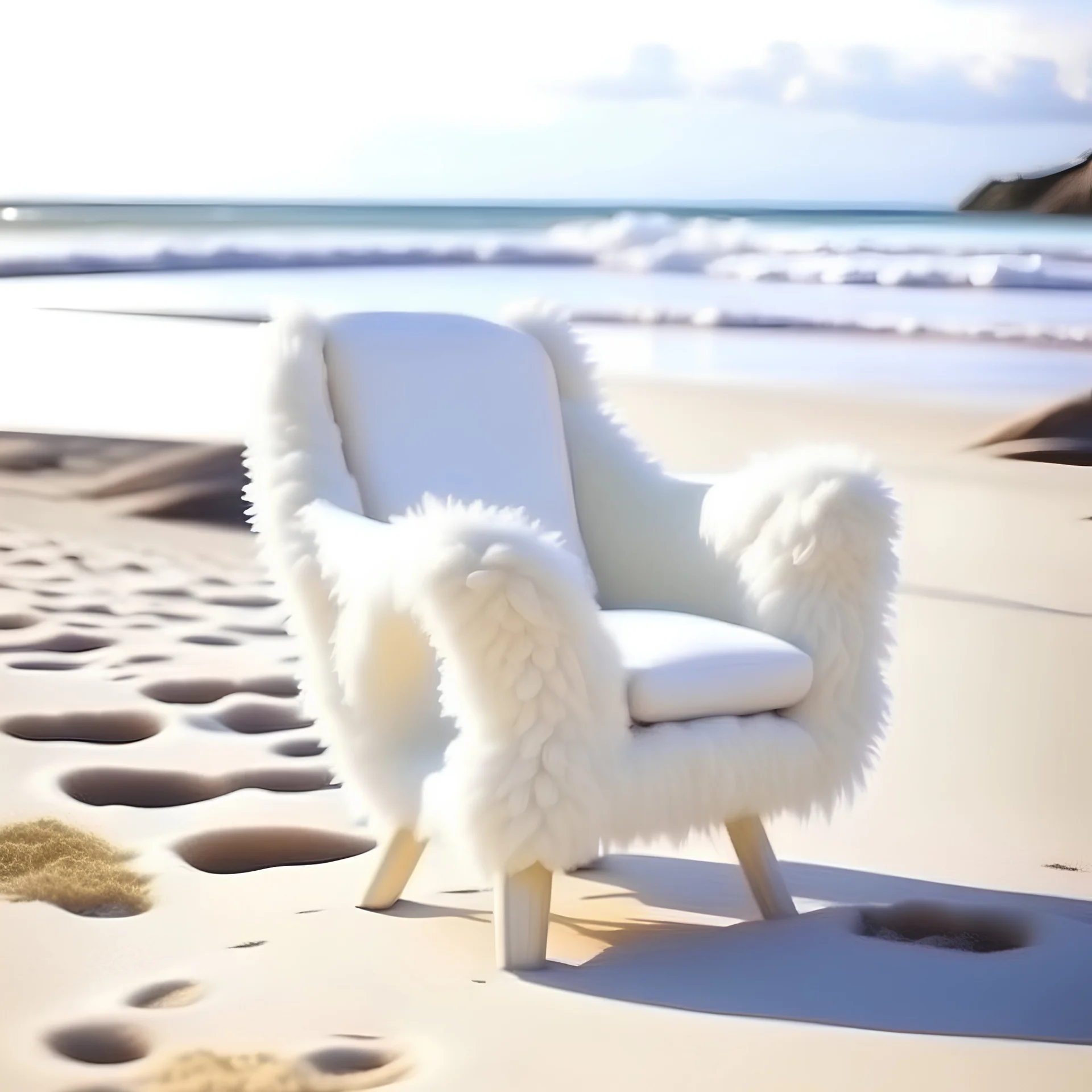 Very soft armchair, on the beach, white colors, fluffly carpet, cotton everywhere, very relaxing
