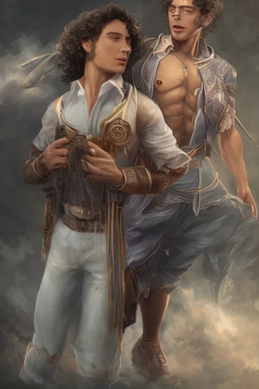 a single 50 year old man embraces a single, beautiful 12 year old arabic boy with long, curly hair and light blue eyes, not muscular, smiling, shirtless