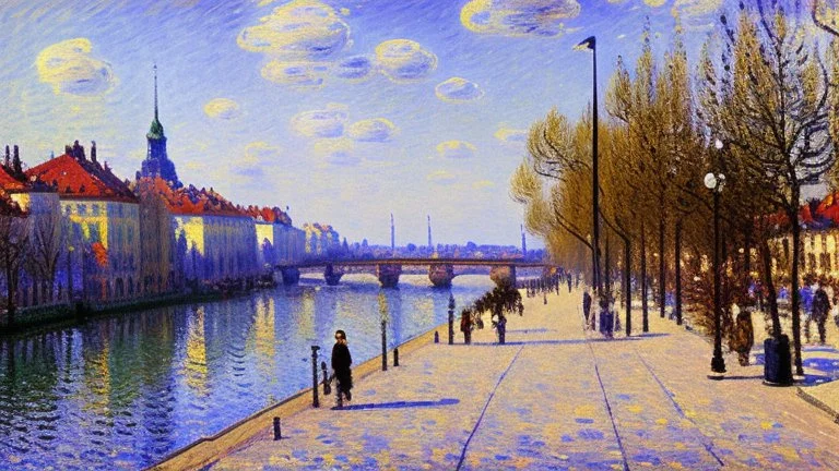 Sunny day, modern city near river, alfred sisley impressionism painting