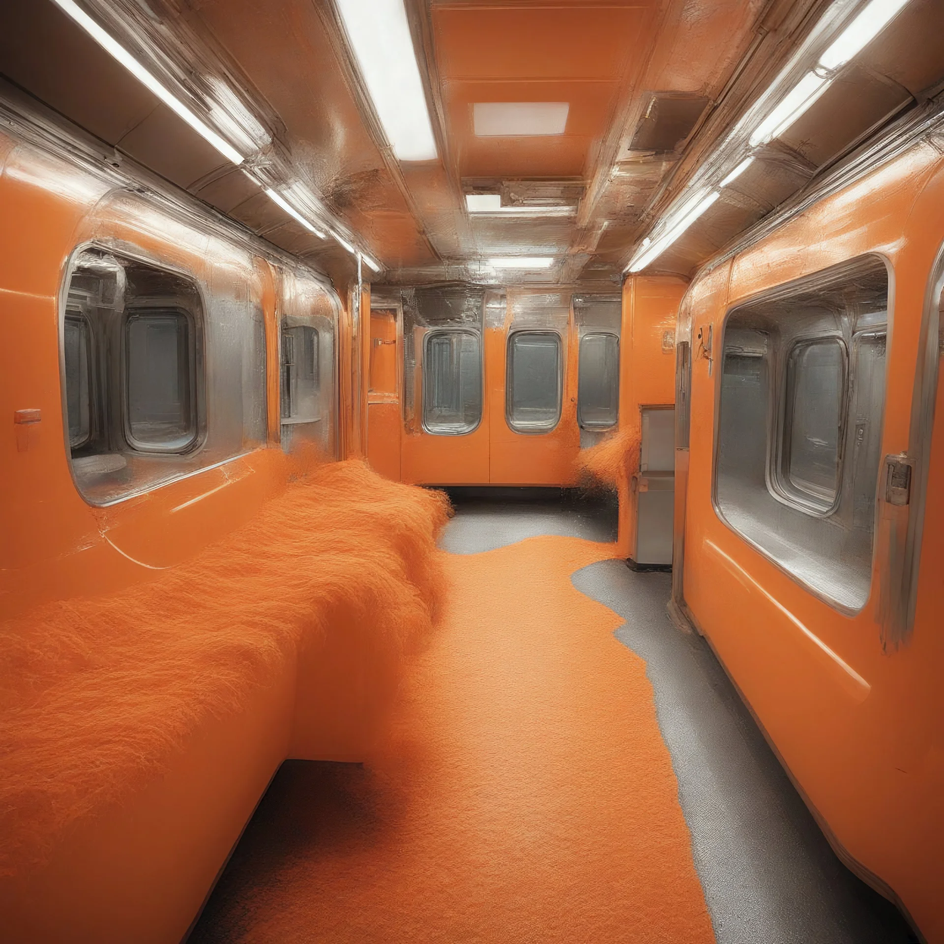 Surreal subway where everything is in plastic, sunny orange, even the walls and windows and shaggy carpet, futuristics