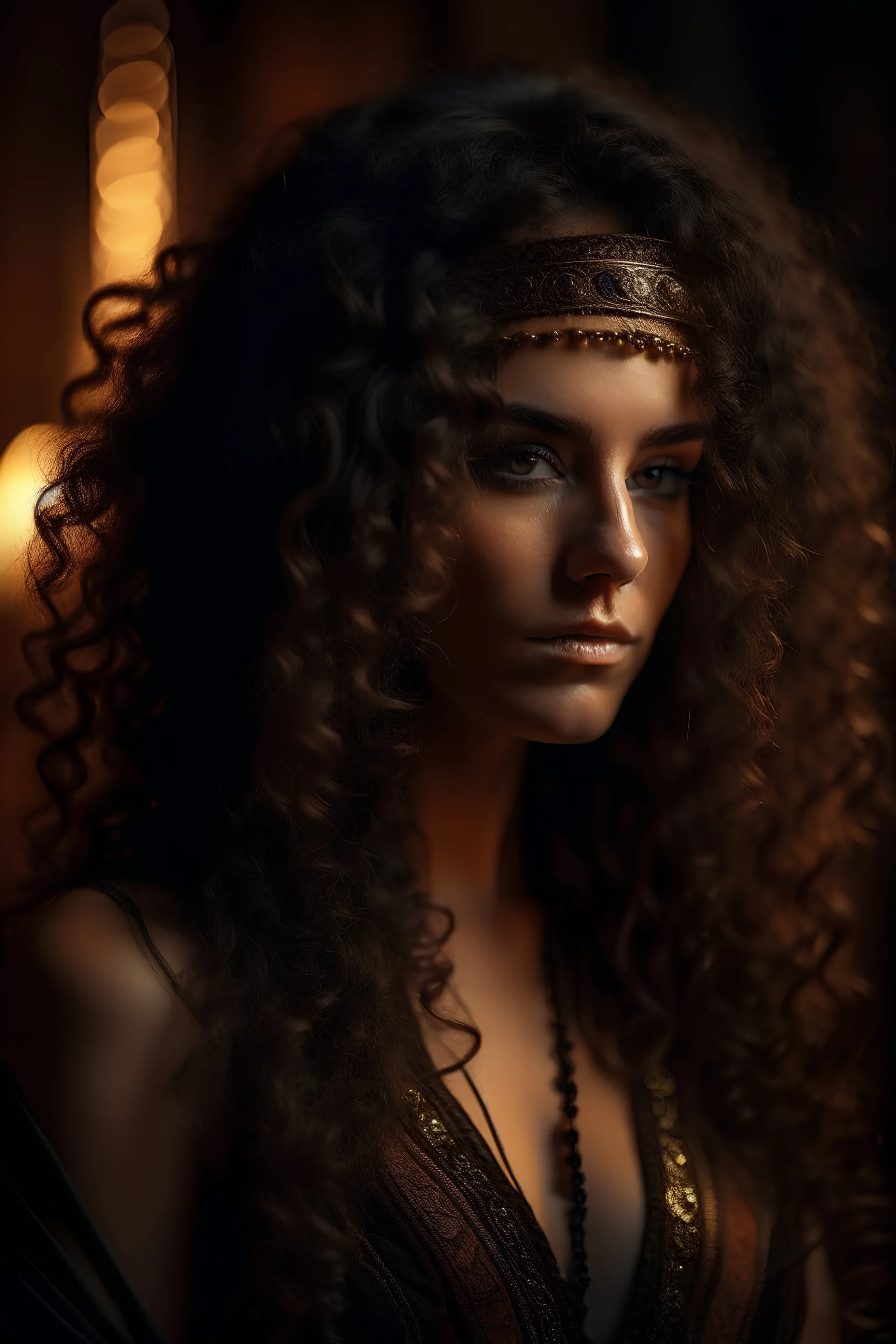 an interpretation of beauty, soft lush curly warm black long hair, taken with a Canon EOS C300 Mark III with Canon CN-E 24mm T1.5 L F lens, award winning, professional, highly detailed, intricate, volumetric ,belly dancer hippie,lighting, gorgeous, masterpiece, sharp focus, depth of field, unreal engine, perfect composition, digital art on pixiv, artstation, 8k, hdr