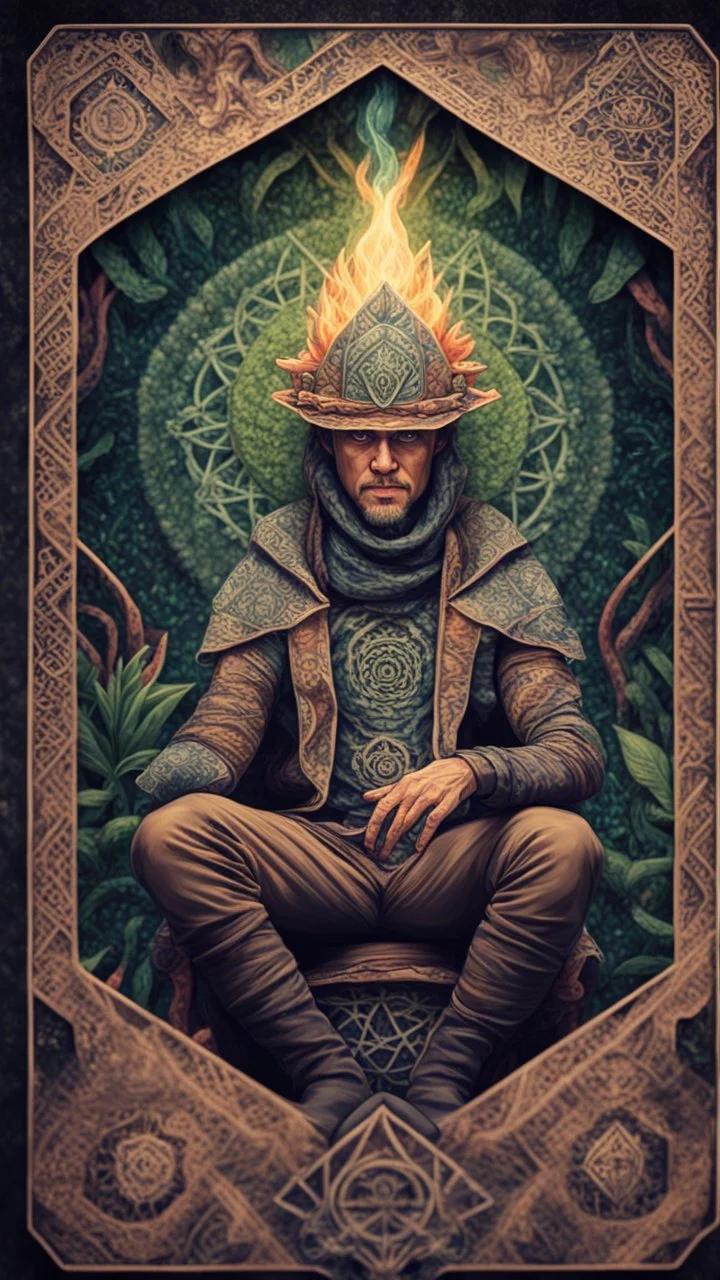 mandala style framed playing card illustration, close up portrait of an ace happy blessed ancient magical scaly enlightened weird ancestral evocation wizard mad max soldier posing for photo shoot on a throne, holding a burning sceptre, in a space alien mega structure with stairs and bridges woven into a sacred geometry knitted tapestry in the middle of lush magic jungle, bokeh like f/0.8, tilt-shift lens 8k, high detail, smooth render, down-light, unreal engine, prize winning