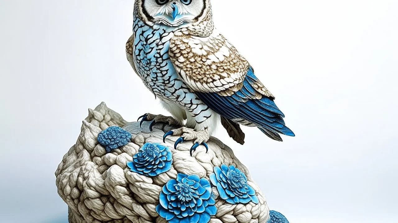 an owl perched on a white rock. The owl is facing towards the right side is turned slightly to the left. It has large, round, blue eyes that are piercing and appear to be looking directly at the viewer. Its body is covered in intricate patterns and feathers, giving it a realistic appearance. The background is a light blue color, making the owl stand out even more. The rock it is perched on is also white and appears to be made of snow or ice. The overall mood is peaceful and serene.