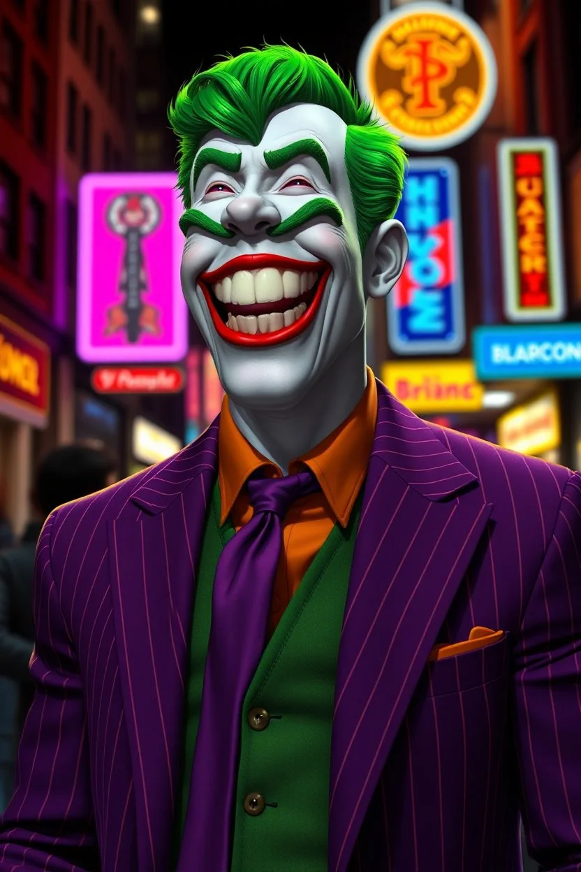 Jack Nicholson, The Laughing Man - A tall, muscular 20-year-old man, with (((Short, crew cut wavy green hair tapered on the sides and back:1.5))), his face is white with red lips permanently stuck in an evil grimace/smile, he has thick, bushy green eyebrows He wears a purple pinstriped jacket over a green waistcoat and an orange button up shirt with a purple tie, ((Photorealistic)), ((Cinematic Lighting)), the background is a Dark, neon lit city