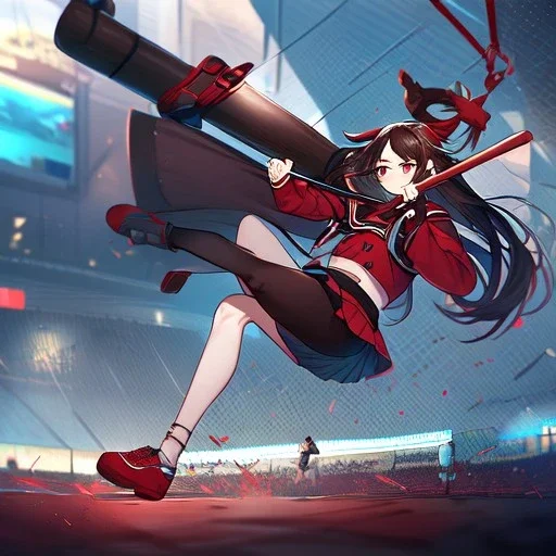 Clear focus,High resolution, Black long hair, Red eyes, Red horns, Wearing a black and red sailor uniform, Swinging a baseball bat, Looking away from the viewer, Full body, Kicking