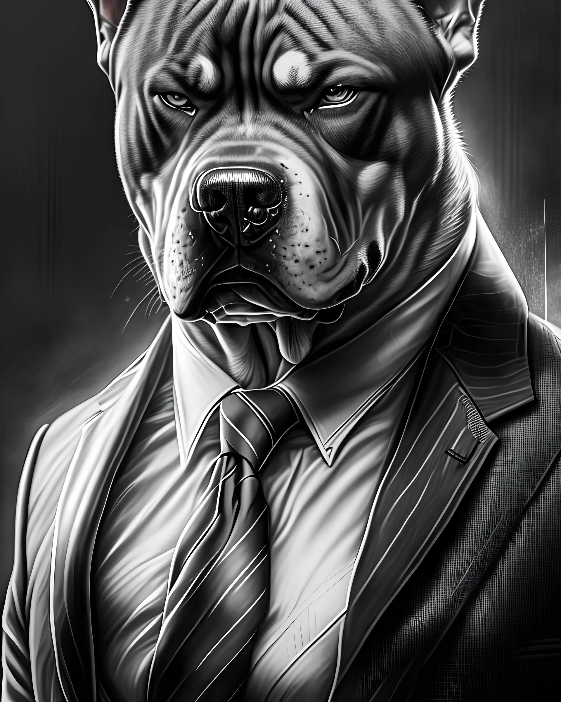 Illustrative sketch of a image of an angry humanoid dog, suit and tie, arte lineal ultra quality, 8k, cuerpo completo