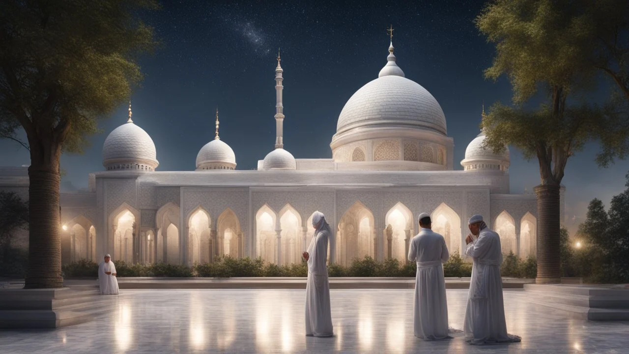 Hyper Realistic People-Praying outside Beautiful-Decorated-Huge-Grey-Brick-Mosque with white-marble-flooring & Beautiful-Lighting-Decorations at night with stars on sky & beautiful trees