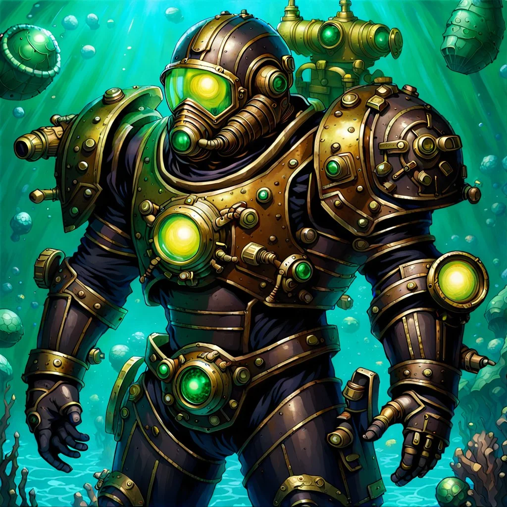 90's tcg art crystal steampunk male diver with power armor and huge pauldrons fantasy glowing helmet underwater