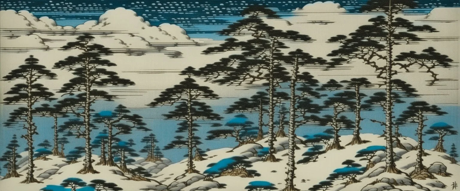 A tundra with falling snowflakes from clouds painted by Utagawa Hiroshige