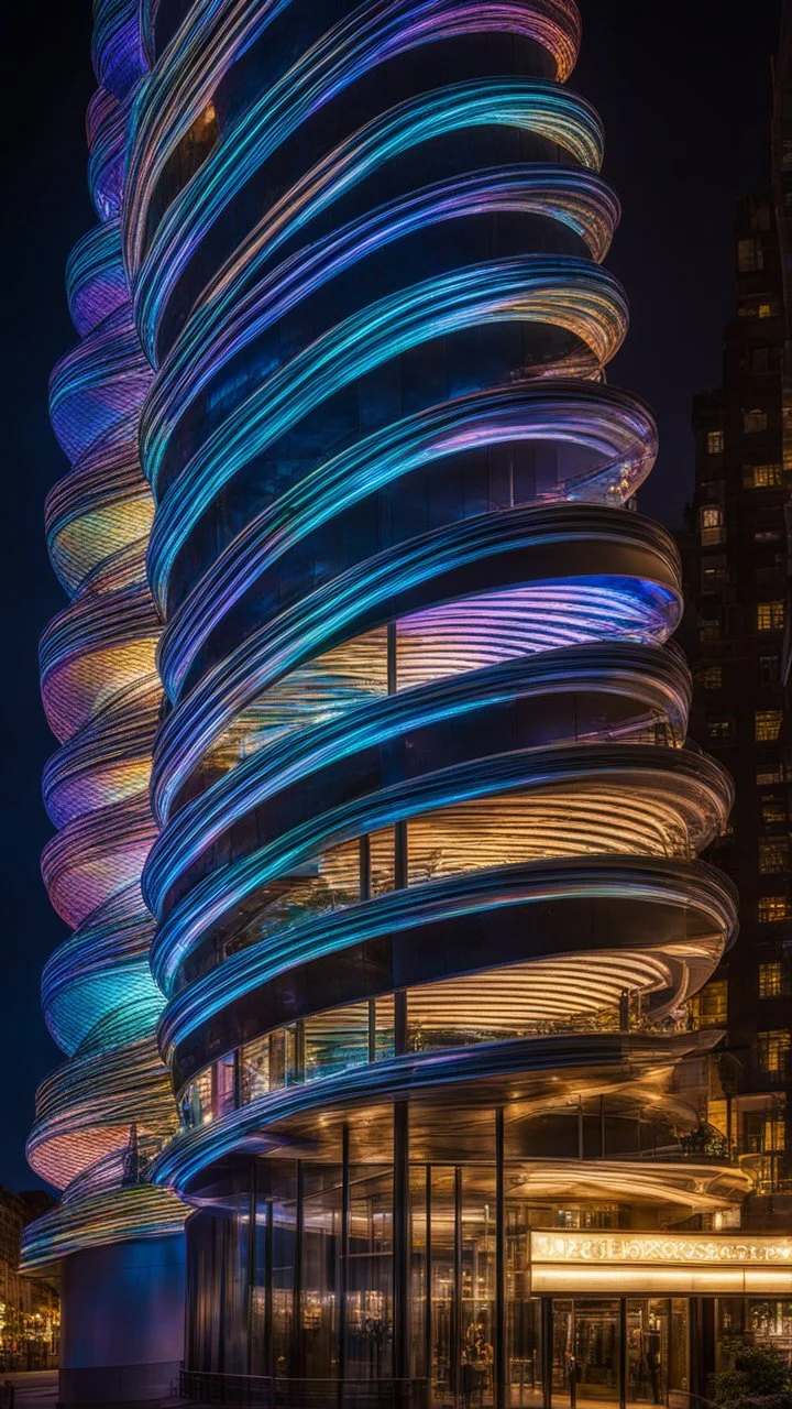 94614, delightful, sensitive, confident, iridescent double helix tower, delicate, nocturnal, architecture, award-winning photograph, beautiful composition, filled with beautiful detail, delicate colour, chiaroscuro