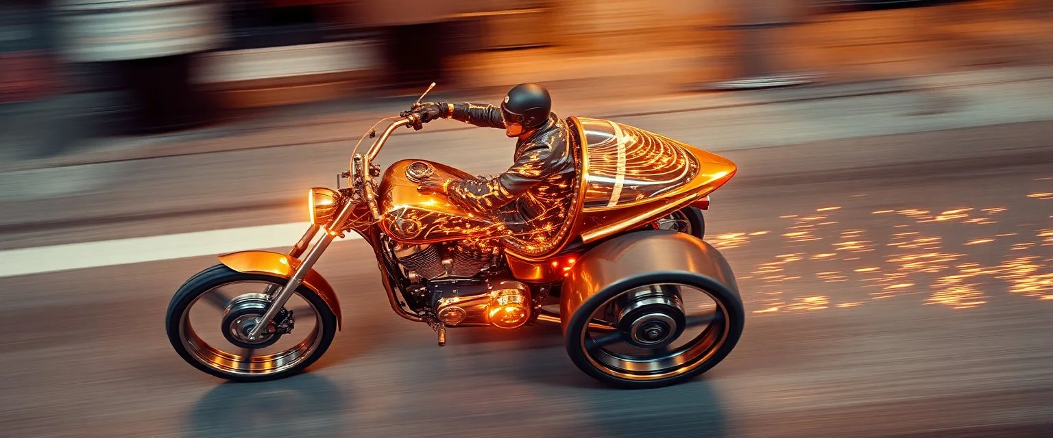 sparks blazing, seen from above, tattoo style, motion blur, airbrush art, elon musk riding inside an awesome trike with three back wheels, spaceship in copper, fast one in the shape of a transparent snail , now its gonna do an awesome gig , bokeh like f/0.8, tilt-shift lens 8k, high detail, smooth render, down-light, unreal engine, prize winning