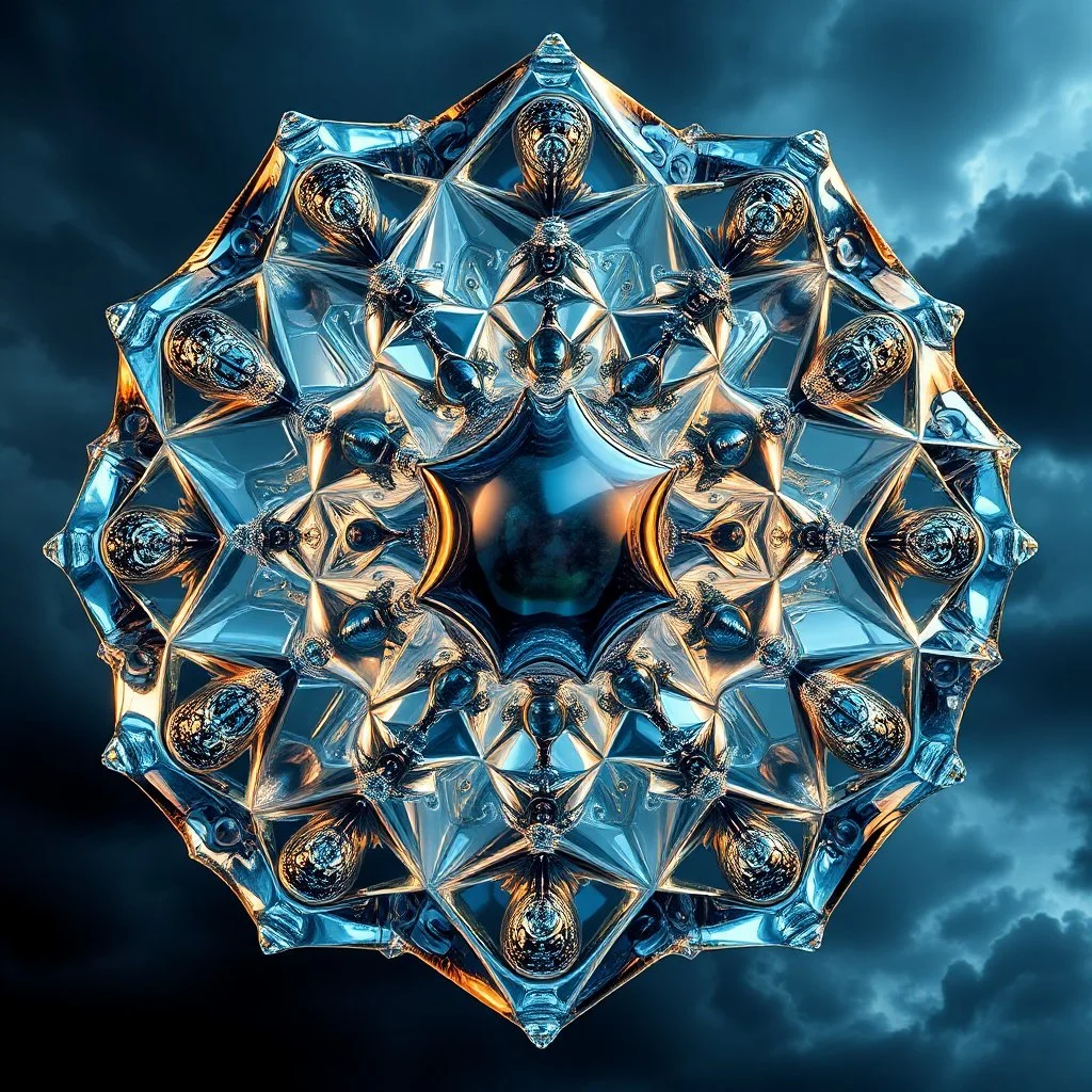 Dynamic hypnotic fractal 3D structures hexogonal Symmetry twisting and morphing between organic and geometric forms , smooth translucent iridescent glass with inner glow and regular bubbles, varied transparent materials, stormy skies, intense dramatic