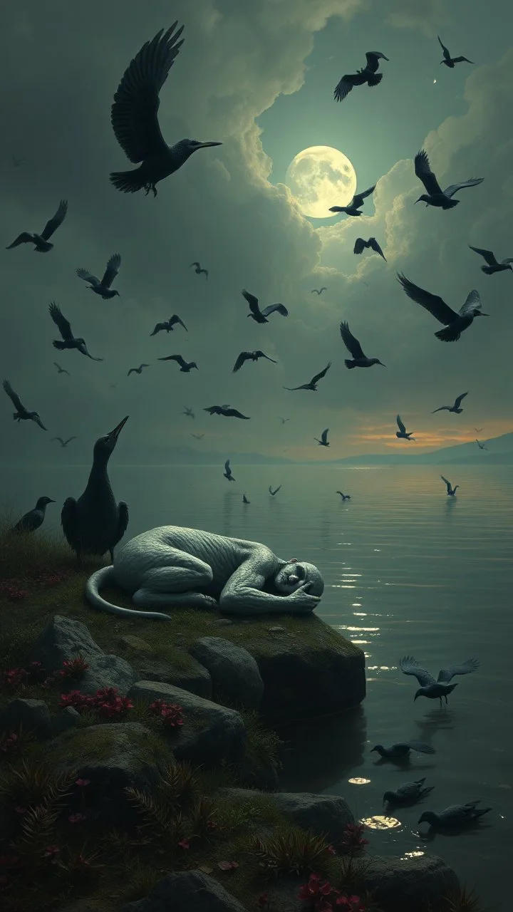 Bosch painting style nightmare , 3D , sleeping creature by the lake from distant view surrounded by black birds, high Quality picture , 8k