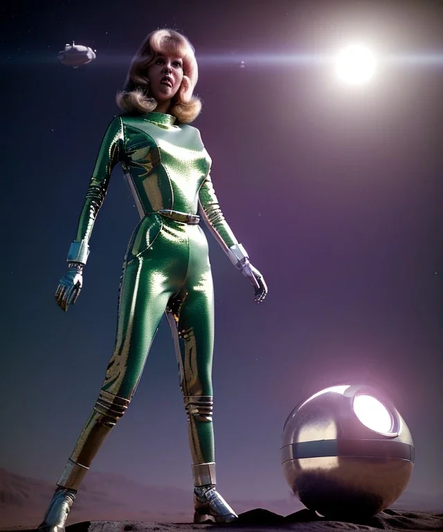 Ultra Realistic retro sci-fi image from 1960, spaceship, sweet young Jane Fonda woman, dress with tight latex suit, Retro sci-fi weapon, soft color, highly detailed, unreal engine 5, ray tracing, RTX, lumen lighting, ultra detail, volumetric lighting, 3d, finely drawn, high definition, high resolution.