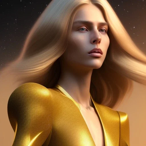 beautiful cosmic golden male, long hair, nice smiling, delicate colors, beautiful glamour galactic golden dress, ultra sharp focus, 8k, unreal engine 5, extremely sharp detail, light effect, soft light atmosphere of a spaceship, smooth, full of details, face in front, complete vision of face and body