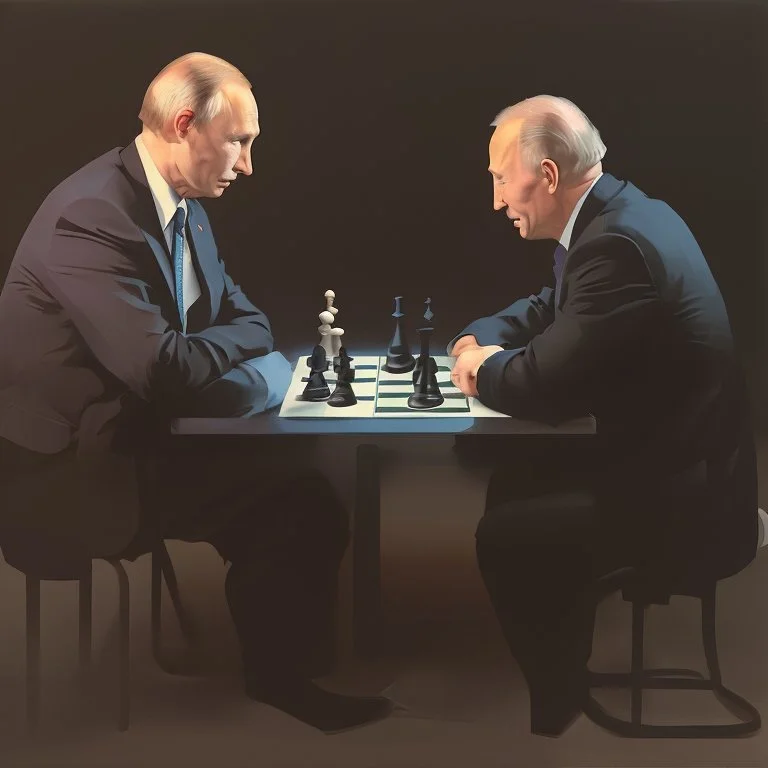 Putin, President Xi Of China And Joe Biden Play Chess between lights and shadow With A Pigeon,And Atomic Bomb Mushroom Cloud,Complex Surgical Instruments Intermixed With A Newborn Boy,Minimalism,Painting By Adrian Ghenie,Rene Magritte,Pablo Picasso,Michelangelo,Salvador Dali,Lucian Freud