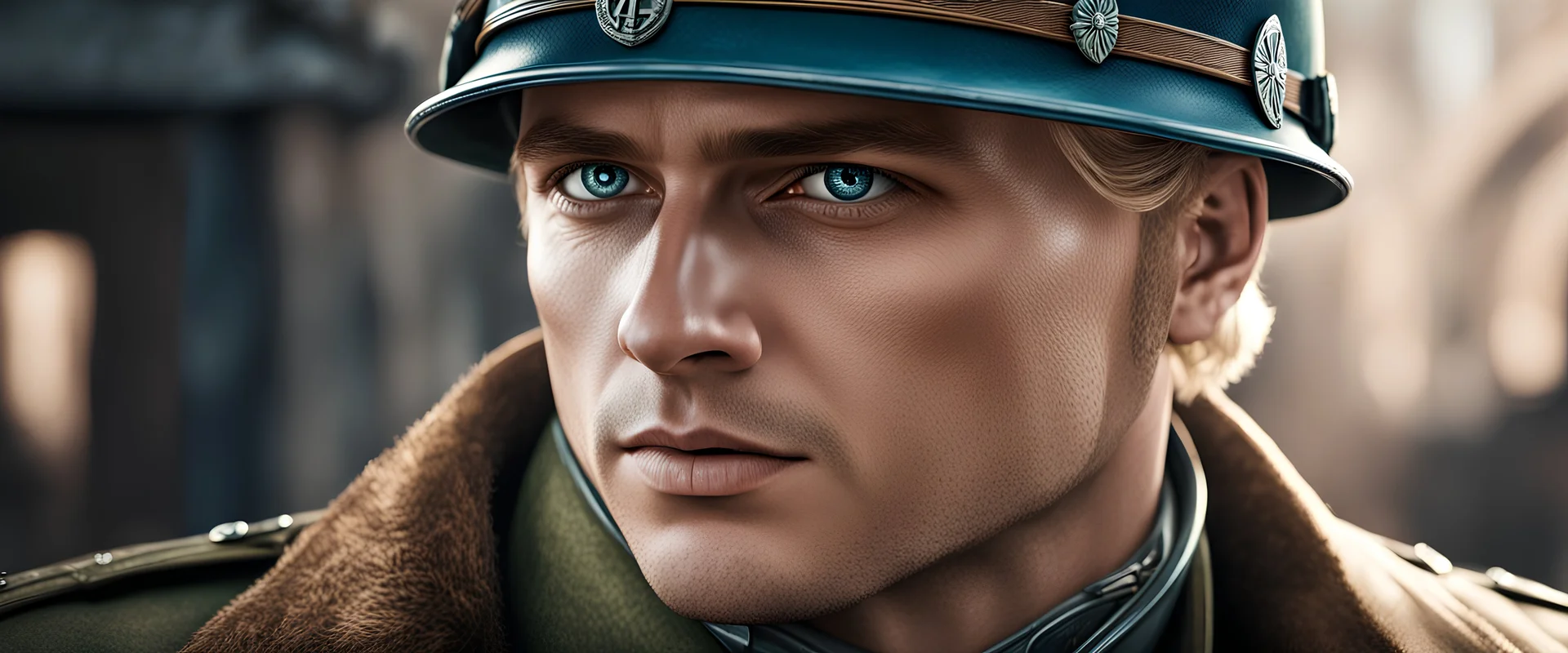 wehrmacht, realistic man aryan, blond, blue eyes, patriotic WW2, swastika, awesome cinematic-quality photography, blue green metallic, honey brown pure leather, Art Nouveau-visuals, Vintage style with Octane Render 3D technology, hyperrealism photography, (UHD) with high-quality cinematic character render, Insanely detailed close-ups capturing beautiful complexity, hyperdetailed, intricate, 8k quality,