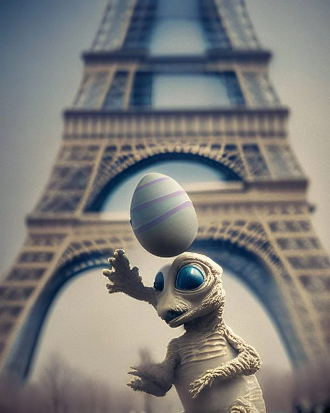 ET holding an Easter egg in front of the Eiffel Tower