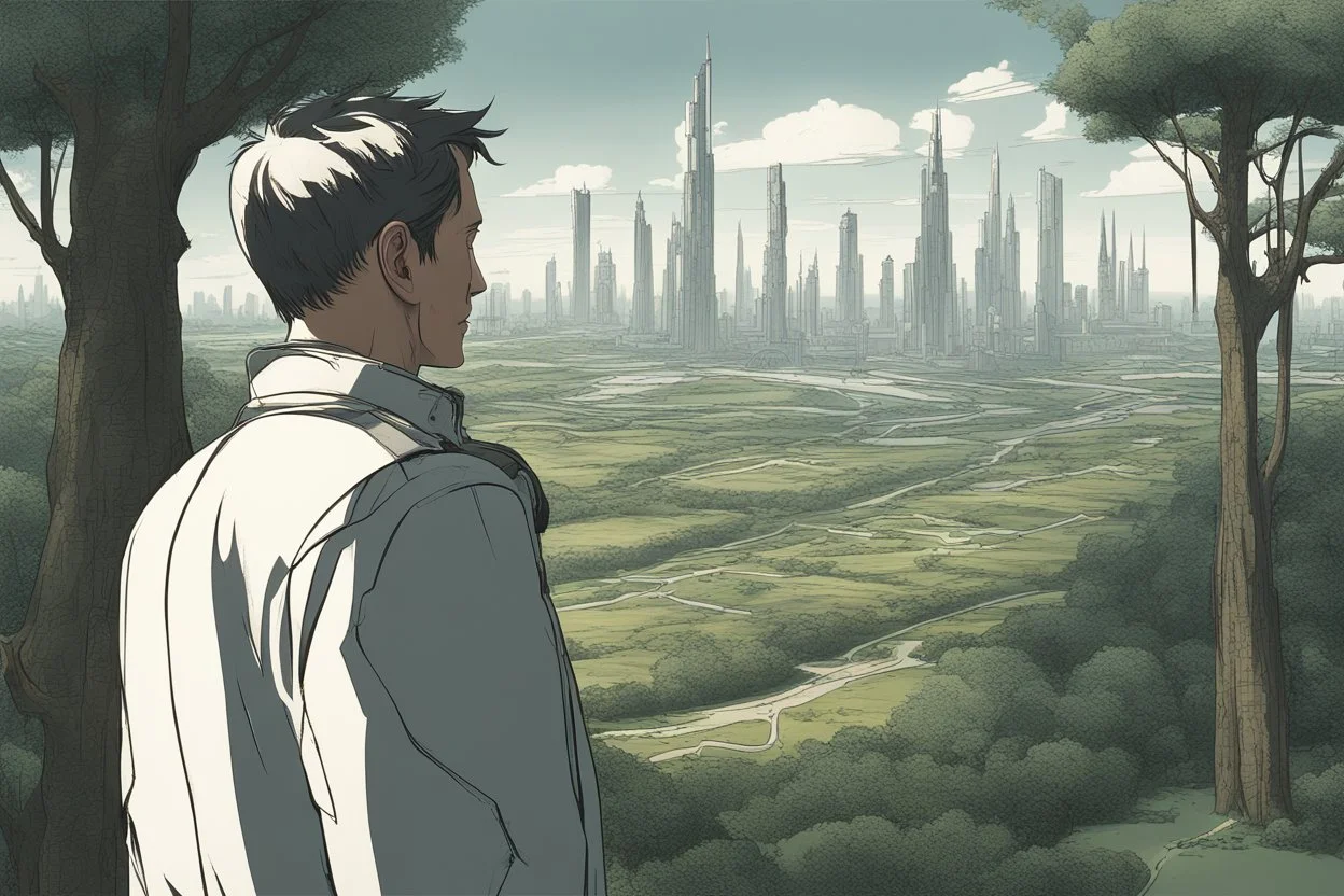 man standing in open countryside, with trees on one side and a pristine futuristic city on the other side