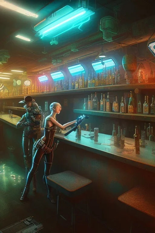 dog and gun in a cyberpunk bar, digital art style. fantasy,particales, wide shot,cowboy robots, western feel,cinematic, highly detailed, intricate detail