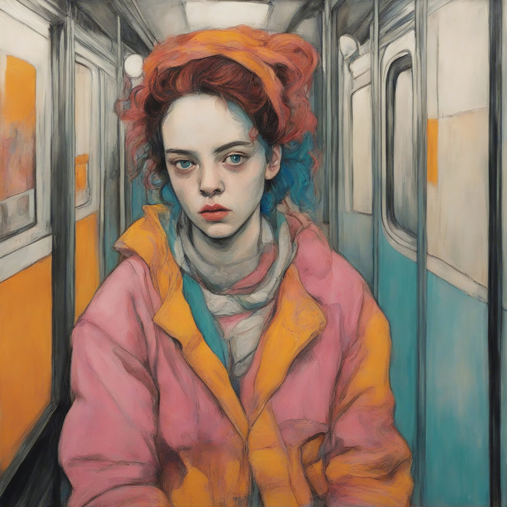 Egon schiele painting of a grunge woman, billie eilish, in the métro, orange, pink, turquoise, yellow colors