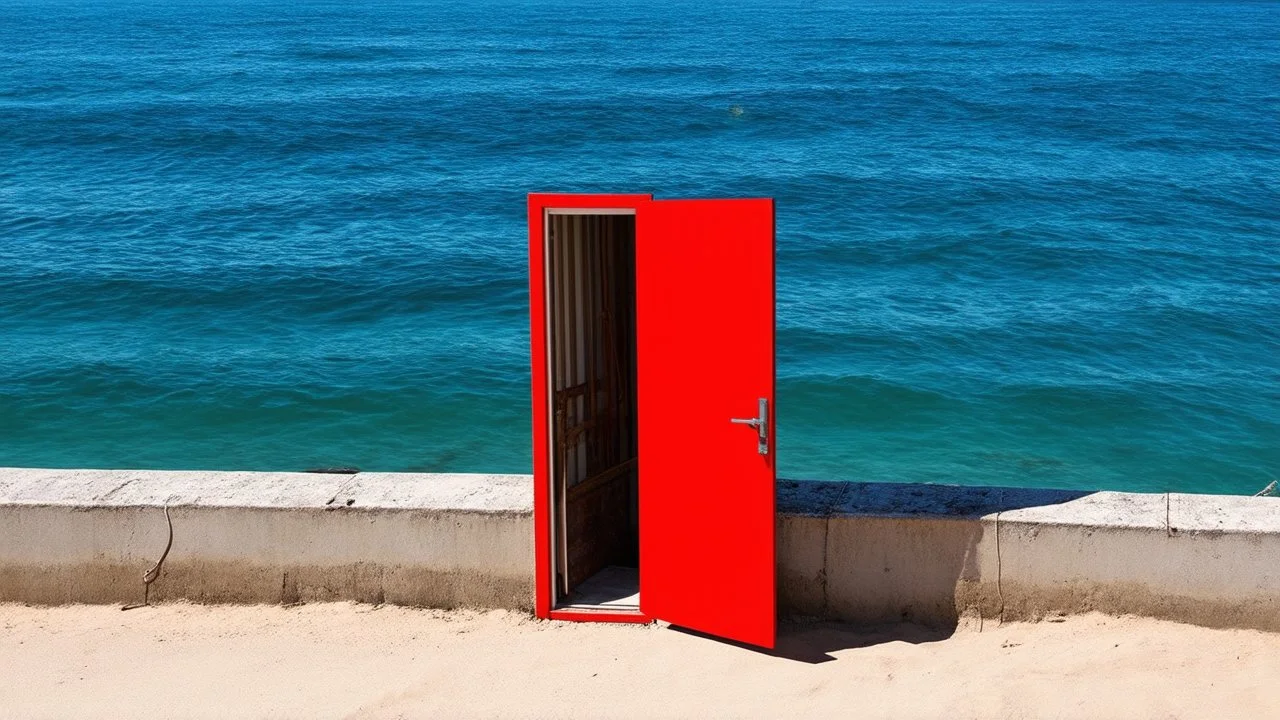 A bright red door is partially open, set against a backdrop of calm blue ocean waters and a sandy beach. The wall around the door is weathered and peeling, with exposed concrete and some electrical wires visible. The scene has a tranquil yet surreal quality, with gentle waves lapping at the shore and hints of sunlight illuminating the area.