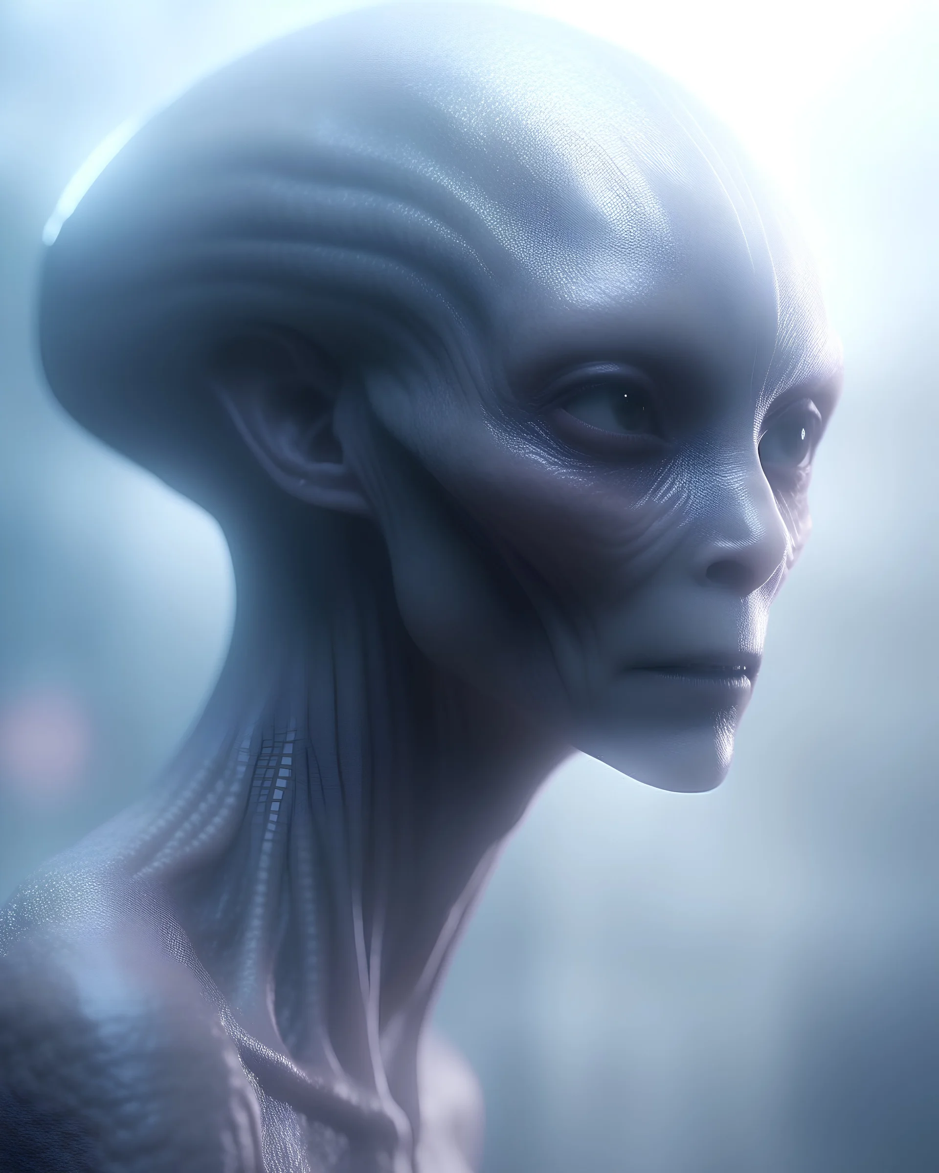 Photoreal Gorgeous dreadful Ripley Scott alien with white glowing eyes in mystic fog by lee jeffries, 8k, high detail, smooth render, unreal engine 5, cinema 4d, HDR, dust effect, vivid colors