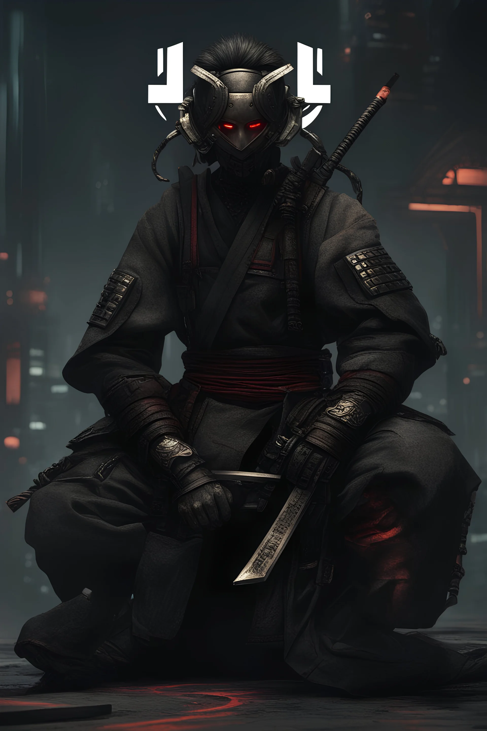 cyberpunk male samurai with the letter m on his mask