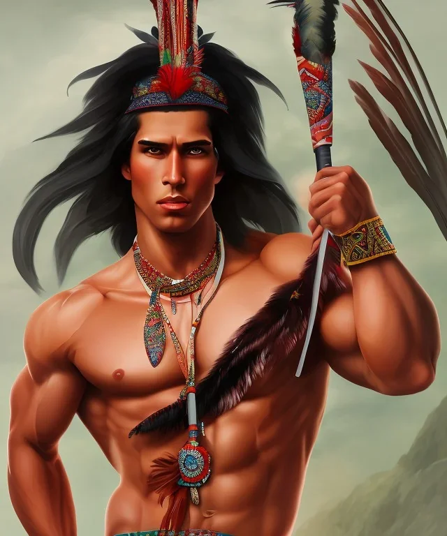 Guaicaipuro, native american god warrior, long black hair, big muscles, red feathers headdress, shirtless, holding a stone tip spear, fierce face