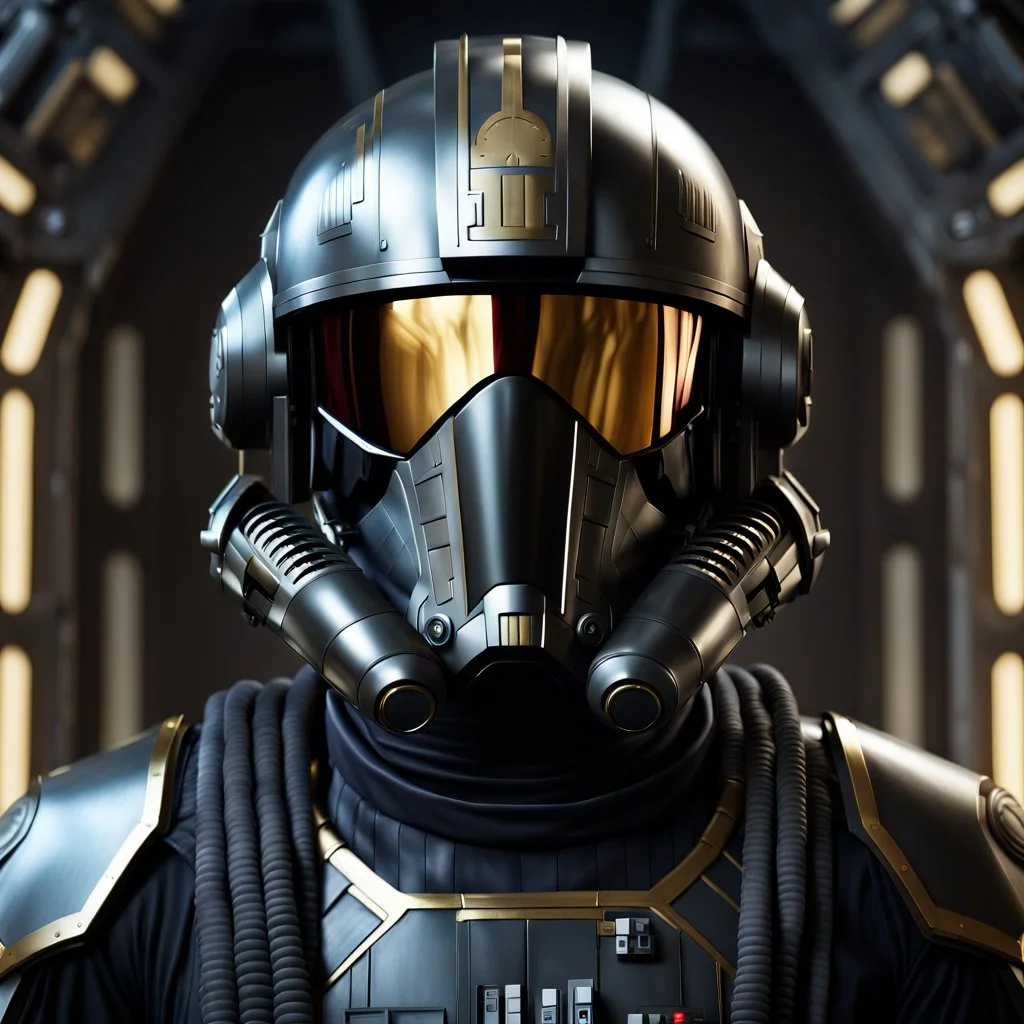 star wars bald male corellian pilot wearing gunmetal grey and black First Order TIE pilot armored flightsuit and helmet with gold trim inside the jedi temple, centered head and shoulders portrait, hyperdetailed, dynamic lighting, hyperdetailed background, 8k resolution, volumetric lighting, light skin, fully symmetric details