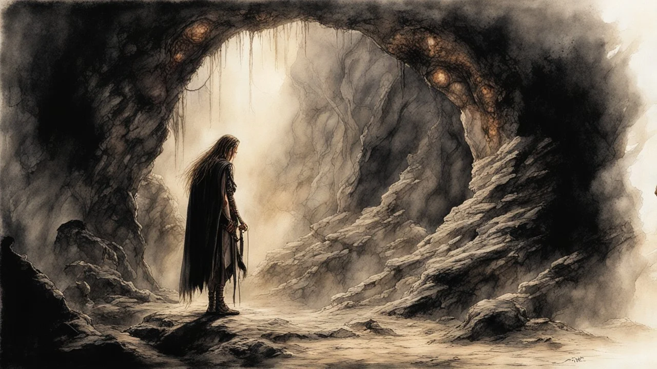 Hyper-photorealistic watercolor art style by Luis Royo, A dark cave lit only by oil lamps, a stone altar, animal skins, a young man and a girl, hyperdetailed face, full body diagonal shot, encounters male bandits in dark fantasy countryside setting, absence of mysterious elements, dramatic lighting, ultrafine detail, octane rendering., darkness world