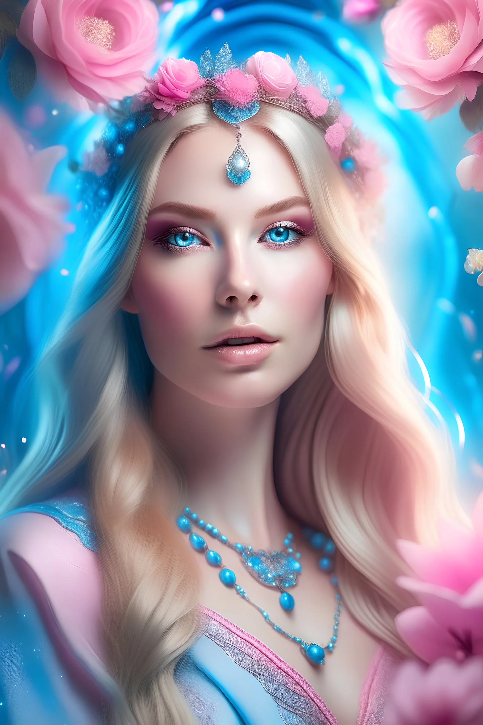 ambiance cosmique, paysage léger, lumière légère, rose, évanescente, jolie femme de grande royauté, longs cheveux blonds dorés, couronne de fleurs roses avec diamants brillants, magnifiques yeux bleus, maquillage magique, sourire de bonté et sainteté, éthérique, vêtements transparents turquoise, bijoux fins,