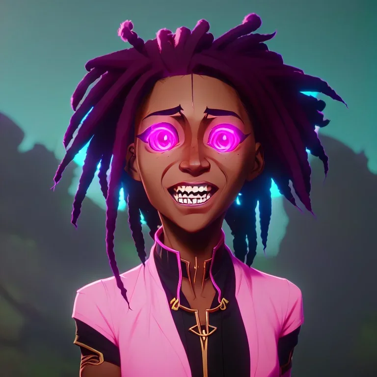 Ekari is a black girl with dreadlock hair big neon pink eyes smiling face