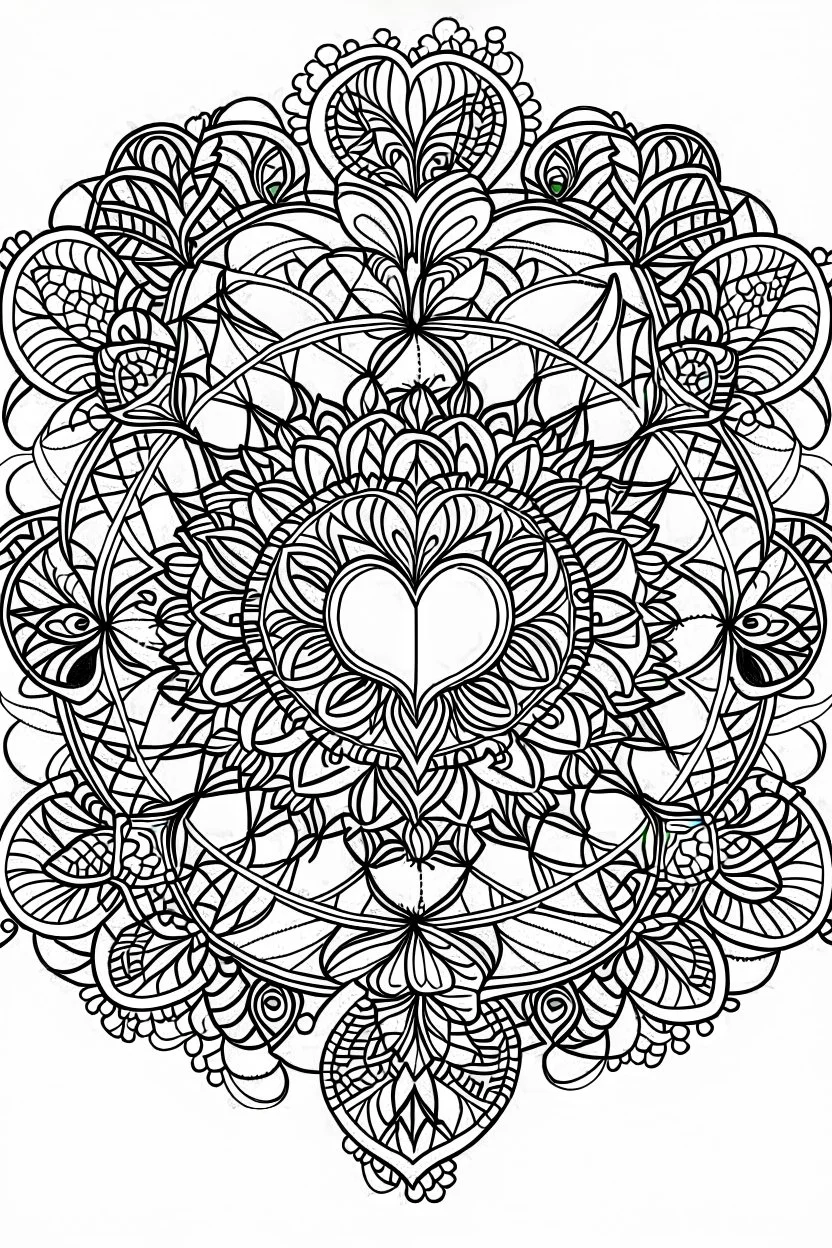 kids coloring page, mandala of flowers and hearts, cartoon style, thick lines, low detail, no shading