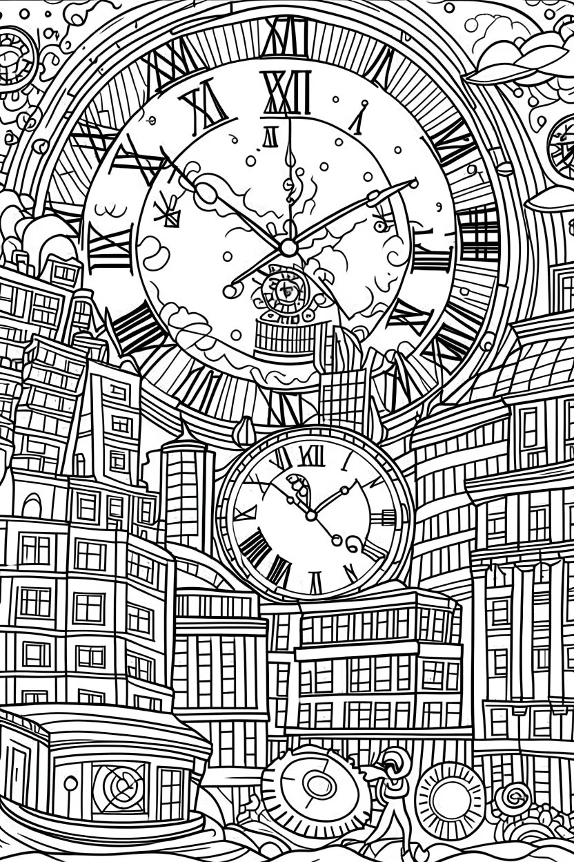 HAPPY NEW YEAR coloring page for kids, Clock striking midnight in a vibrant cityscape, thick outline, low details, no shading, no color