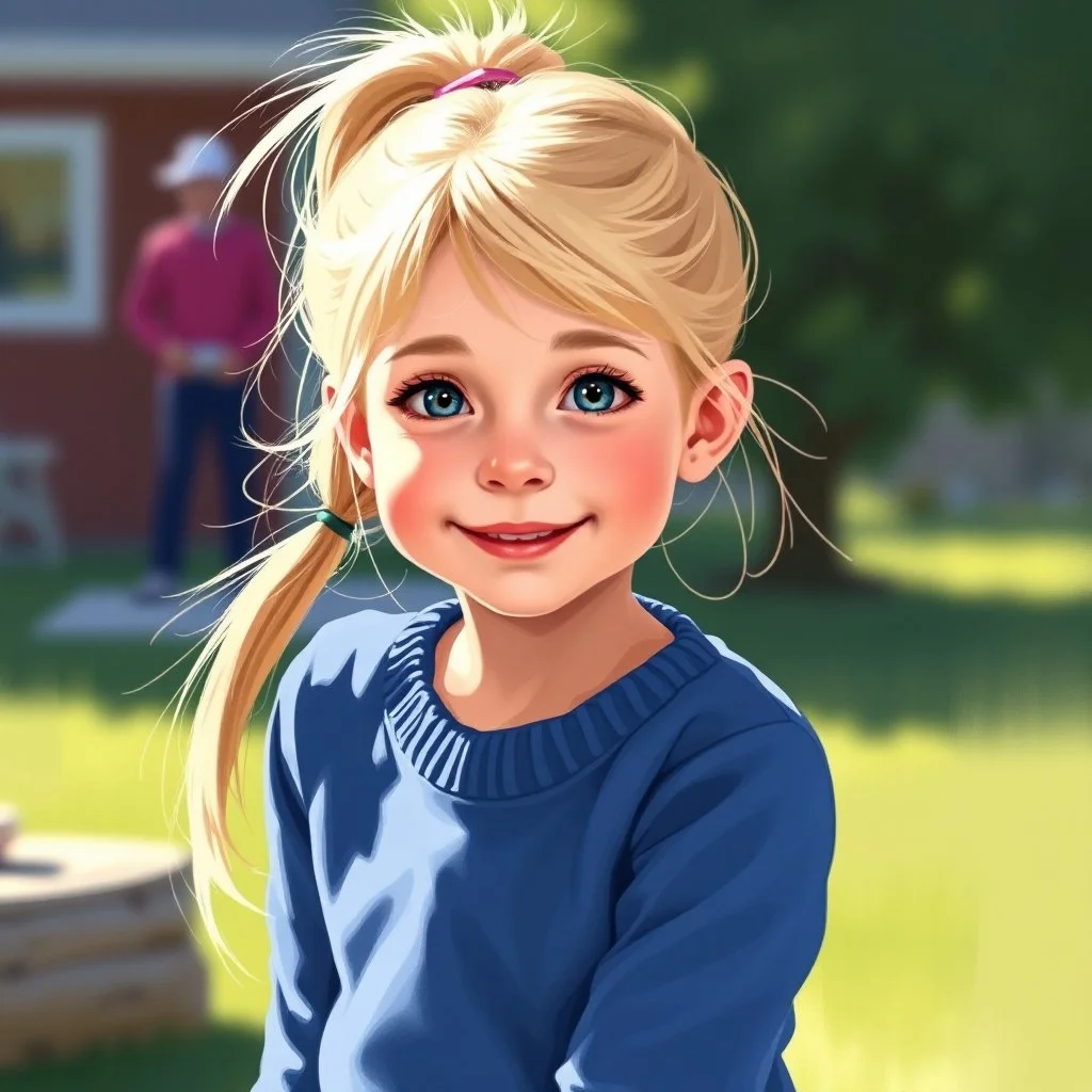 a pretty girl, age 8, blonde hair in a pony tail, playing outside, blue school jumper, digital painting, stylised