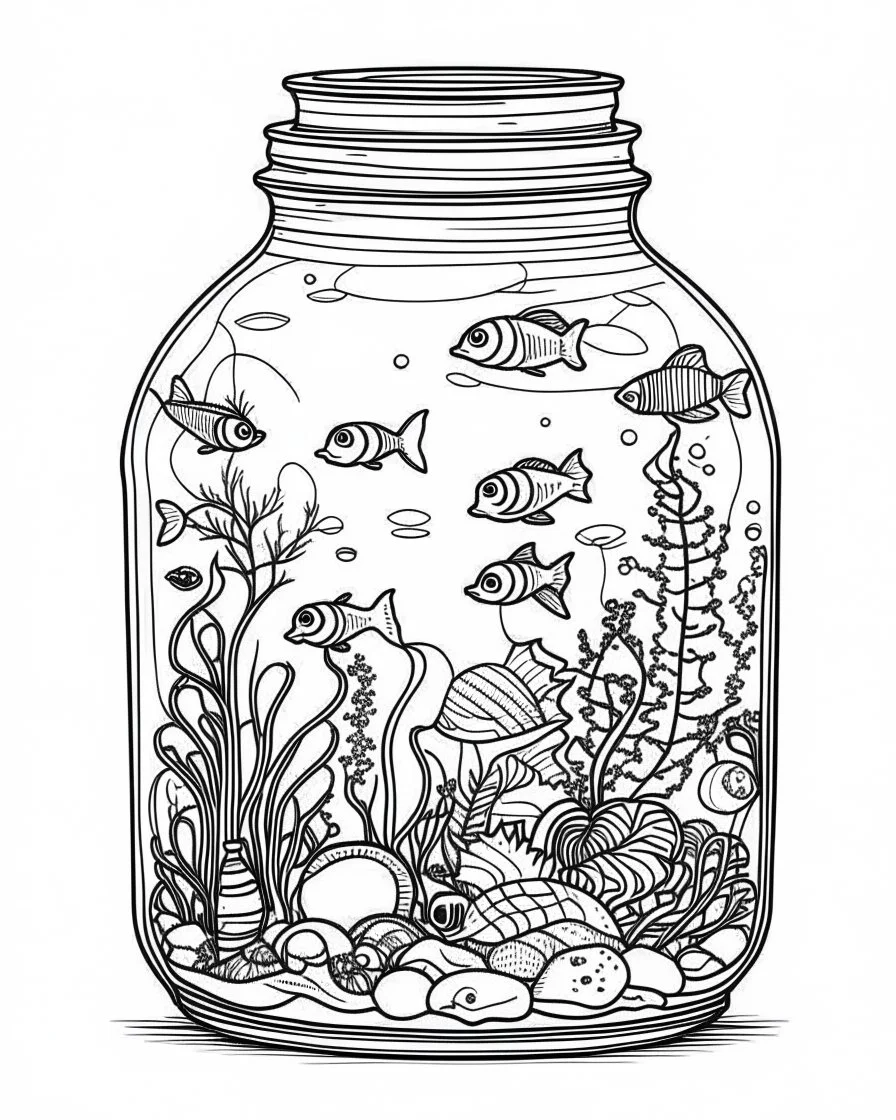 sea life in jar minimalistic, line art, background, vector, svg, coloring book page style, black outline on white background