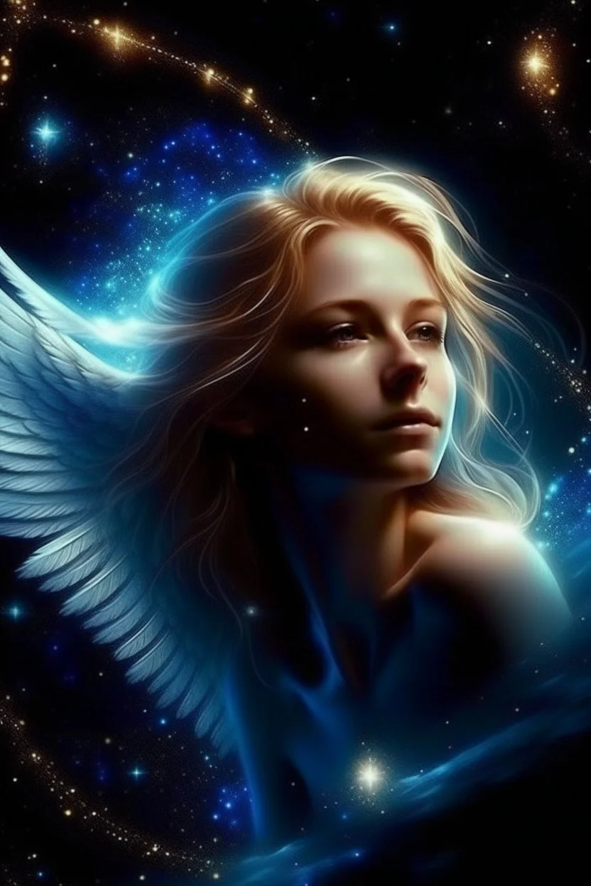 Space, beauty, stars, light, angelic beings