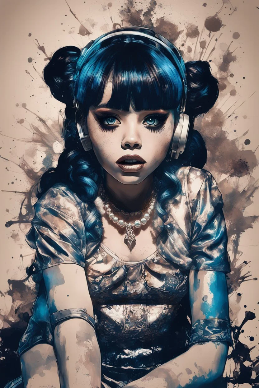 Poster in two gradually, a one side the Singer Melanie Martinez face, full body, sit pose, painting by Yoji Shinkawa, darkblue and sepia tones,sinister, detailed iridescent, metallic, translucent, dramatic lighting, hyper futuristic, digital art, shot with Sony Alpha a9 Il and Sony FE 200-600mm f/5.6-6.3 G OSS lens, natural light, hyper realistic photograph, ultra detailed -ar 3:2 -q 2 -s 750,malevolent goth vampire girl face and other side