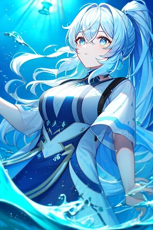 girl, masterpiece, best quality, cinematic lighting, detailed outfit, vibrant colors, perfect eyes, light blue hair, blue eyes, messy hair, long hair, hair in between the eyes, water magic, ponytail,