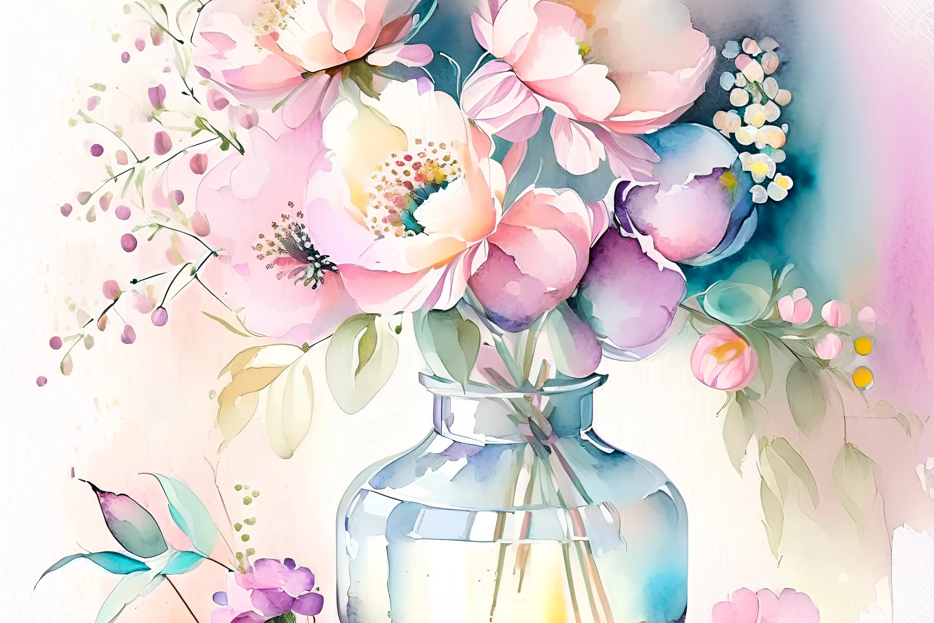 Cute Watercolor painting, watercolor delicate pions flowers in Vase , pastel colors, vintage style, bright light, deep shadows, super detailed