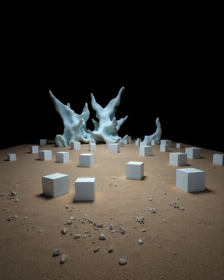 A photo of a dark, closed environment in a dark open space. There are white cubes scattered around the area. The surface below is sandy, with small accumulations of rocks. In the background, very sharp forms or structures are visible, some of which are white and blue and organic in appearance. The image has a glossy finish. The aspect ratio is 85:128 and the exposure value is 6.