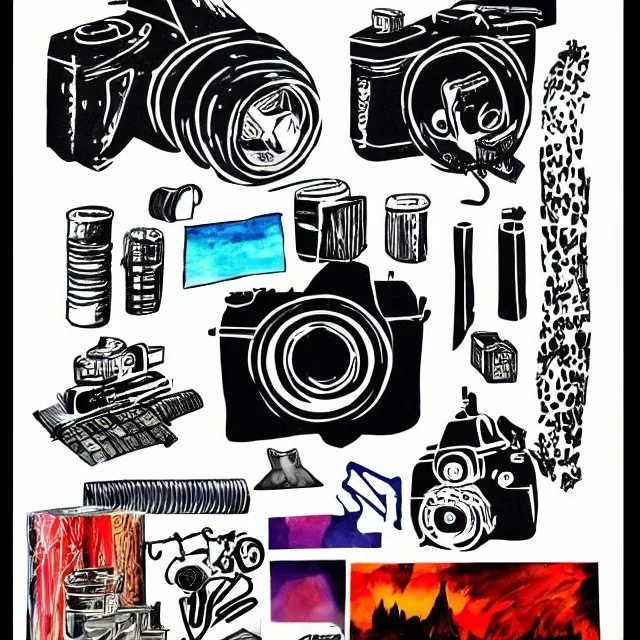 elements of photographic equipment. poster graphics. high detailed. acrylic painting and ink.