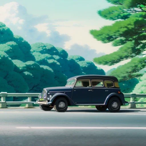 Clear sky with a old car on the road
